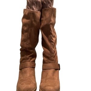 Report R2 taupe suede wedge knee high boot. Size 8. Cable knit top.